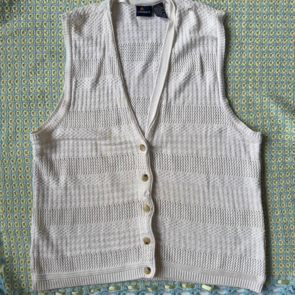 Lizsport Cream Linen Cotton Knit Sweater Vest Cardigan Mens Large 90s Boho